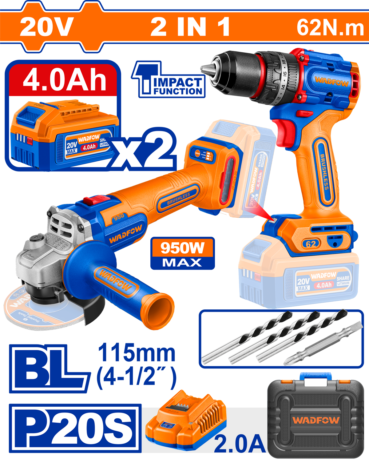 Kit combo WADFOW 20V, masina de gaurit cu percutie si polizor unghiular, 2 acumulatori 4.0Ah, 62 Nm, 950W