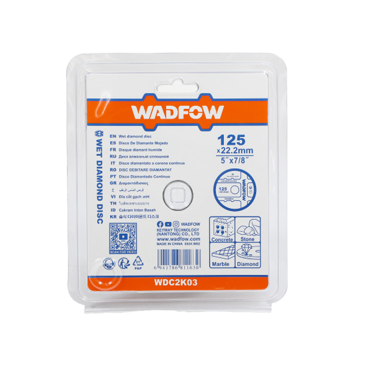 Disc diamantat continuu pentru ceramica Wadfow, taiere umeda, 125x22.2mm