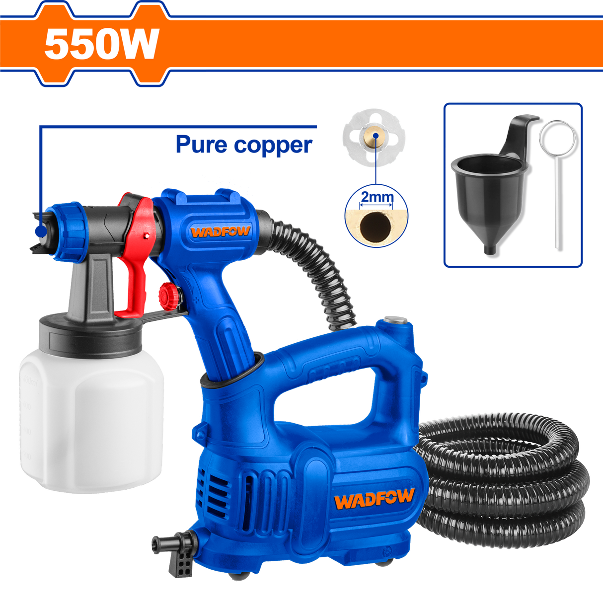 Pistol de vopsit WADFOW, 550W, vas 800 ml, debit 430 ml/min, duza cupru