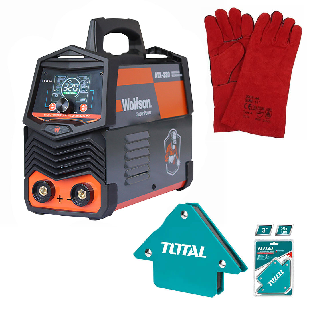 Aparat de sudura cu electrod Wolfson ATX-320 cu Inverter 2 in 1 MMA si LIFT-TIG, 140Ah + Manusi de sudura, coltare magnetice de sudura