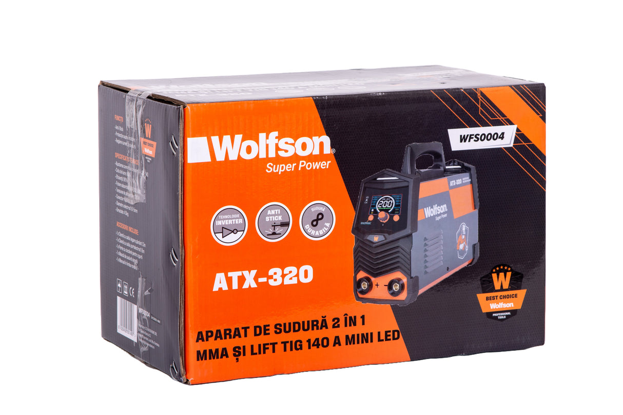 Aparat de sudura cu electrod WOLFSON ATX-320 cu Inverter 2 in 1 MMA si LIFT-TIG, 140Ah + masca automata + manusi + electrozi