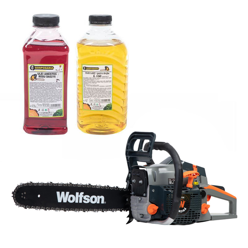 Drujba pe benzina WOLFSON STX-580, 2.6CP, 52CC, 2 lame + 2 lanturi + ulei amestec 0.5L, ulei ungere lant L150