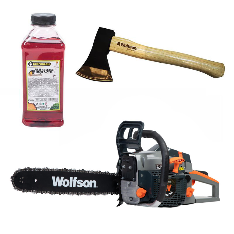 Drujba pe benzina WOLFSON STX-580, 2.6CP, 52CC, 2 lame + 2 lanturi + ulei amestec 0.5L, toporisca Wolfson 600g