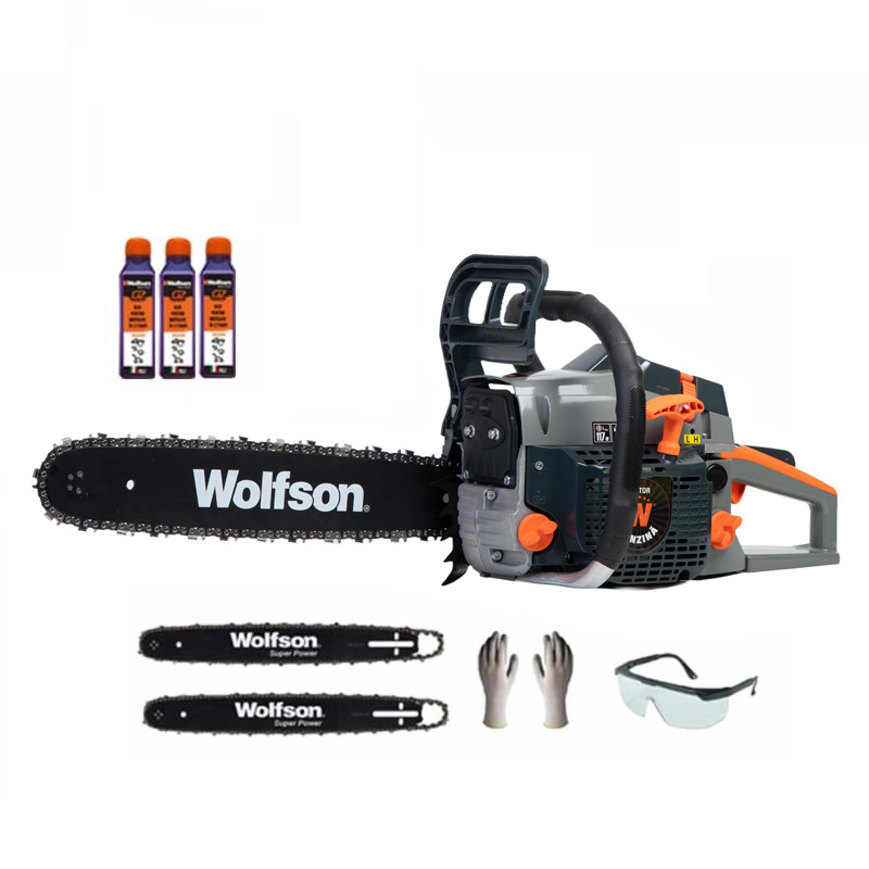 Drujba pe benzina WOLFSON® STX-580, 2.6CP, 52CC, 2 lame + 2 lanturi (Cadou: Ochelari + Manusi) + 3 Ulei 0.1L
