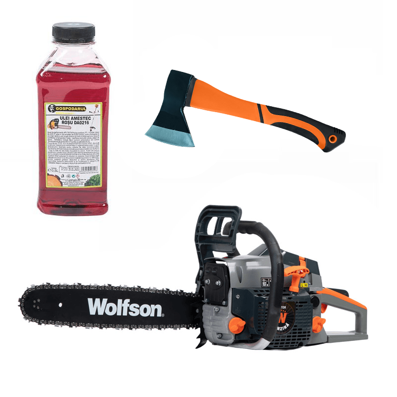 Drujba pe benzina WOLFSON STX-580, 2.6CP, 52CC, 2 lame + 2 lanturi + ulei amestec 0.5L, toporisca fibra Wolfson