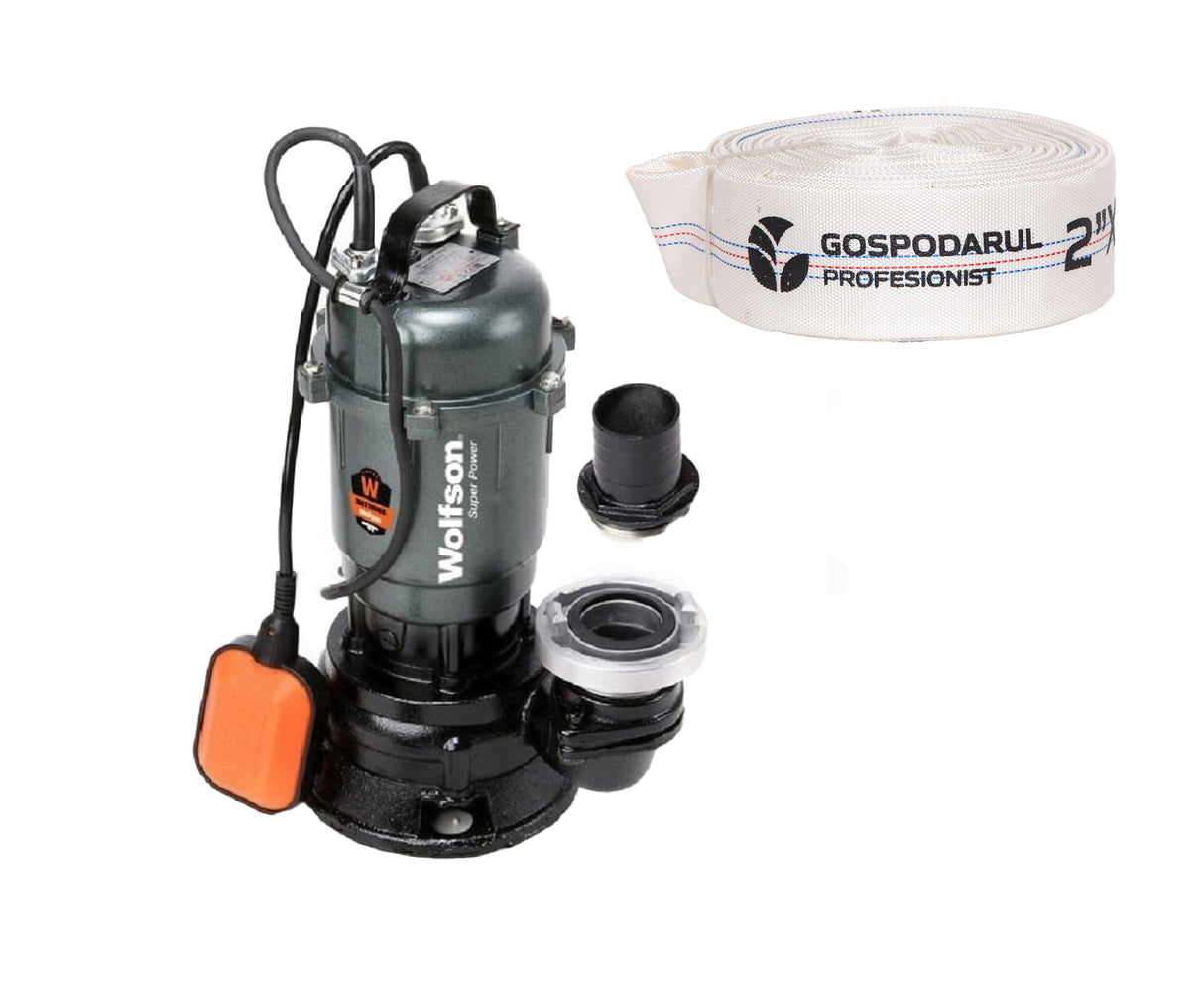 Pompa submersibila apa murdara Wolfson TP-3100, 1100W, 2", 10000 l/h + furtun PVC panzat tip pompieri 2" 20m, 50mm
