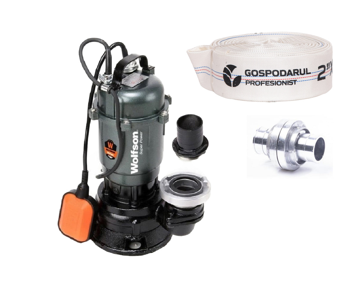 Pompa submersibila apa murdara Wolfson TP-3100, 1100W, 2", 10000 l/h + furtun PVC panzat tip pompieri 2" 20m, 50mm, cuple incluse