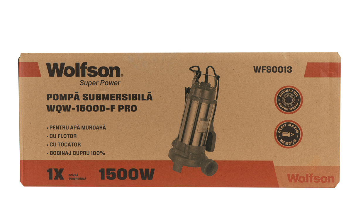 Pompa submersibila apa murdara cu tocator si flotor Wolfson WQW-1500D-F PRO, 1500 W, 330 l/m, 2"