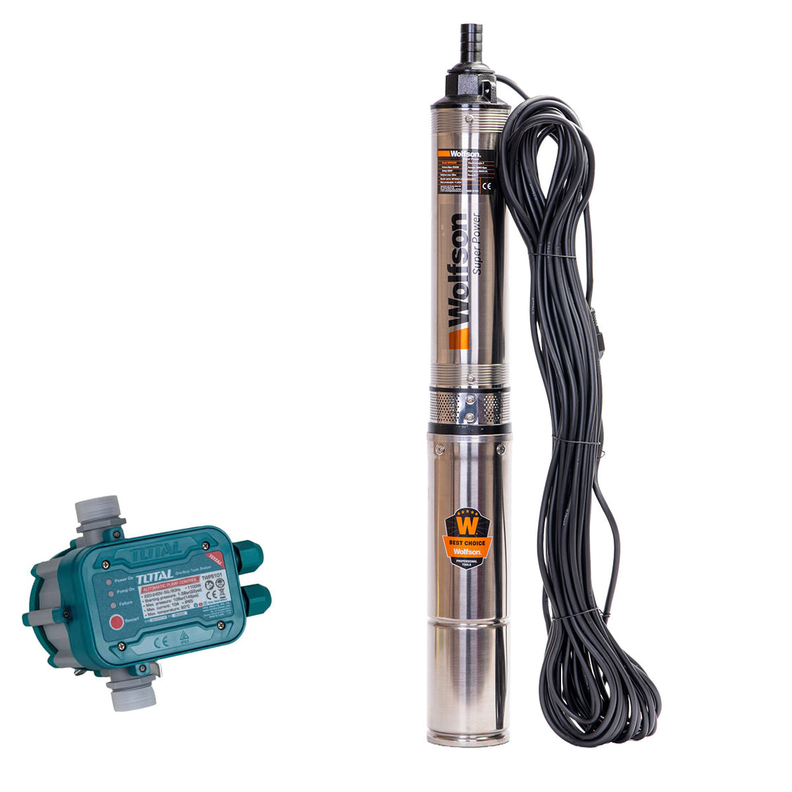 Pompa submersibila apa curata 1100W, WOLFSON PM-1500-8, 8 turbine, cablu 25m, 6600L/h + Presostat