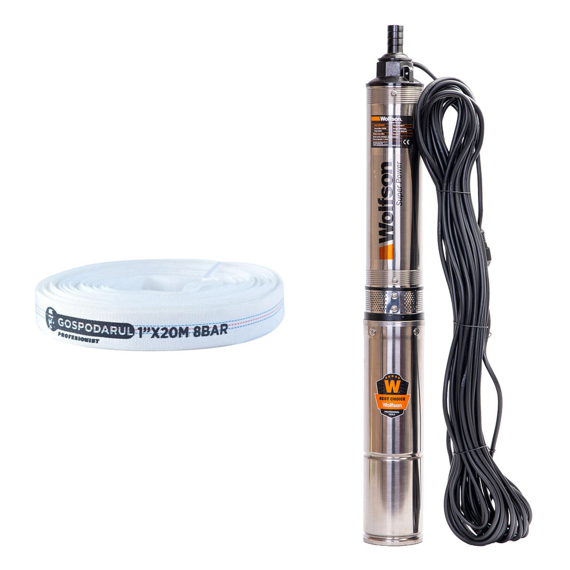 Pompa submersibila apa curata 1100W, WOLFSON PM-1500-8, 8 turbine, cablu 25m, 6600L/h + Furtun 20m