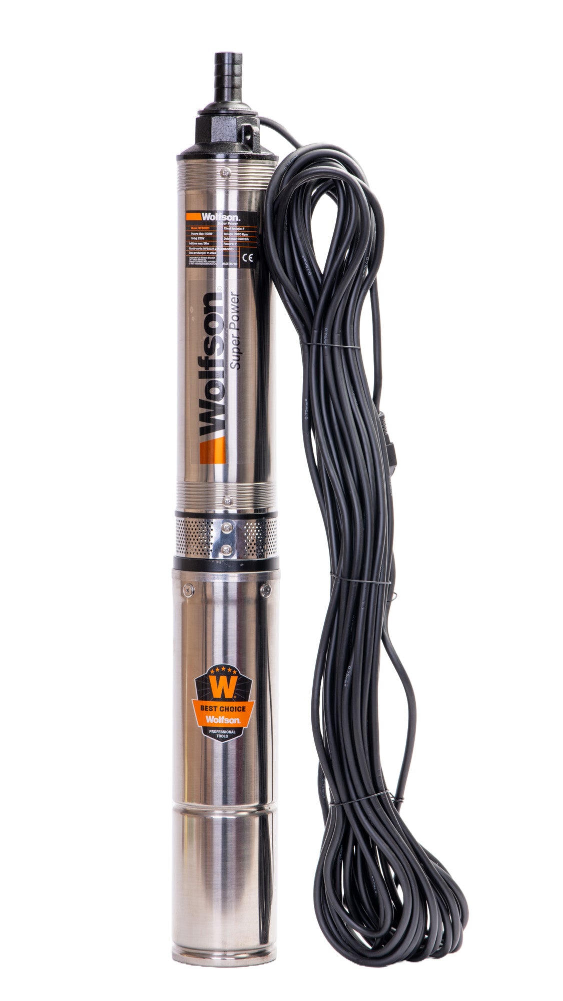 Pompa submersibila apa curata 1100W, WOLFSON® PM-1500-8, 8 turbine, cablu 25m, 6600L/h, inaltime max pompare 58m, diametru 100mm, motor capsulat