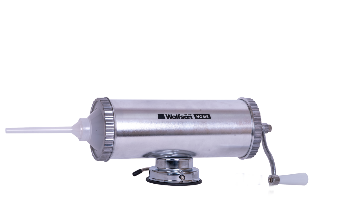 Masina manuala de umplut carnati Wolfson Home K2005A, 3 kg, corp aluminiu, cu ventuza, 5 palnii, montaj orizontal