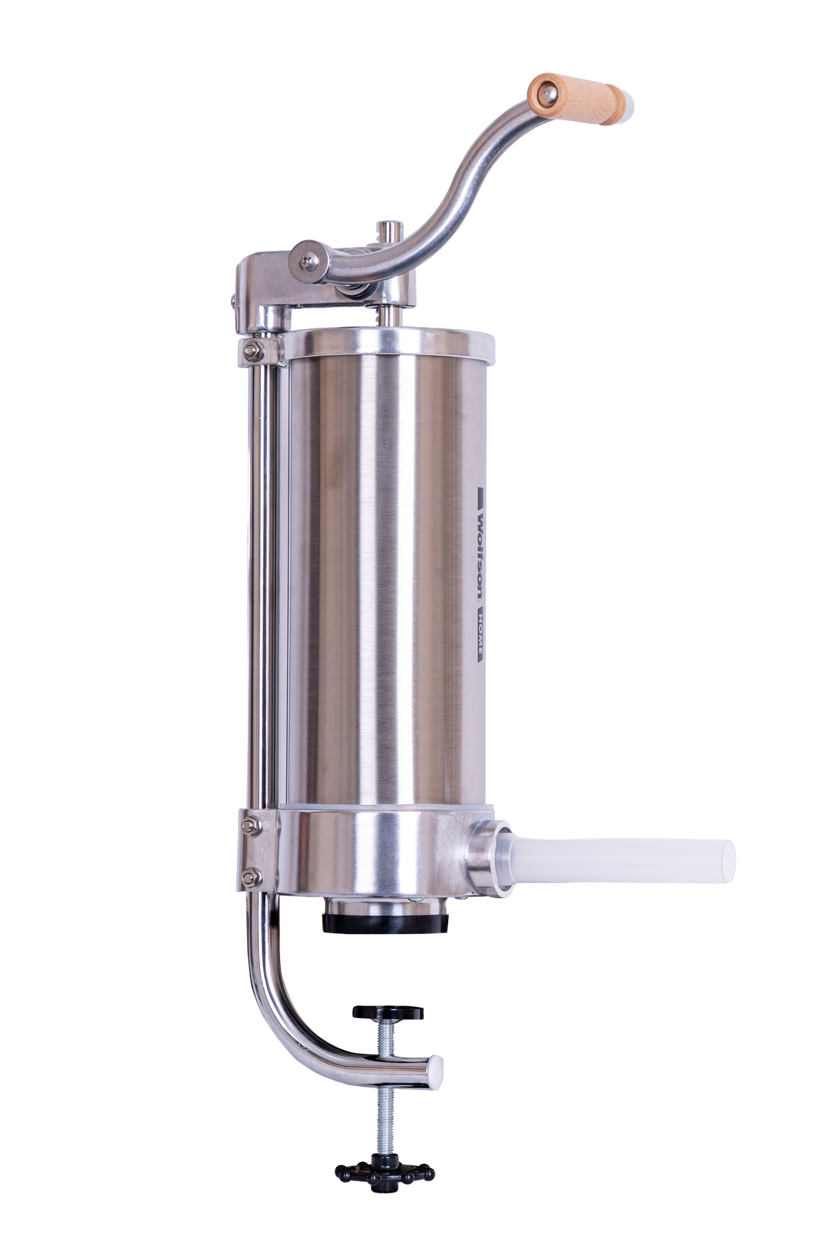 Masina manuala de umplut carnati Wolfson Home K2006VS 3 kg, corp inox si aluminiu, 5 palnii, actionare cu cremaliera, montaj vertical