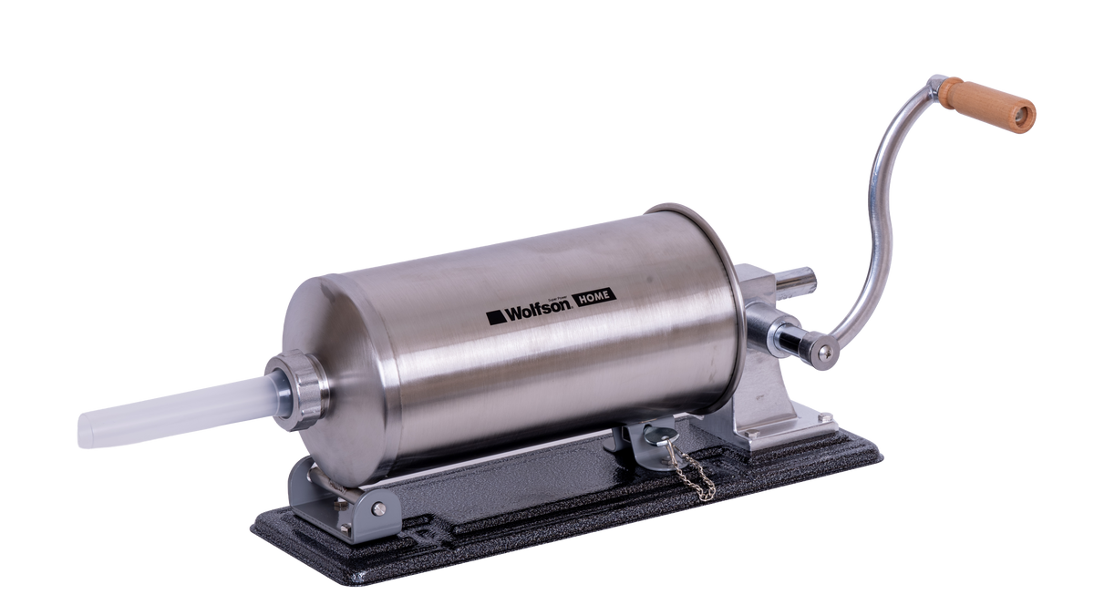Masina manuala de umplut carnati Wolfson Home K2010PA 6 kg, corp inox si aluminiu, 5 palnii, actionare cu cremaliera, montaj orizontal