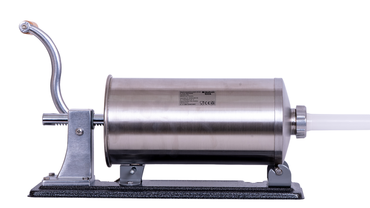 Masina manuala de umplut carnati Wolfson Home K2010PA 6 kg, corp inox si aluminiu, 5 palnii, actionare cu cremaliera, montaj orizontal