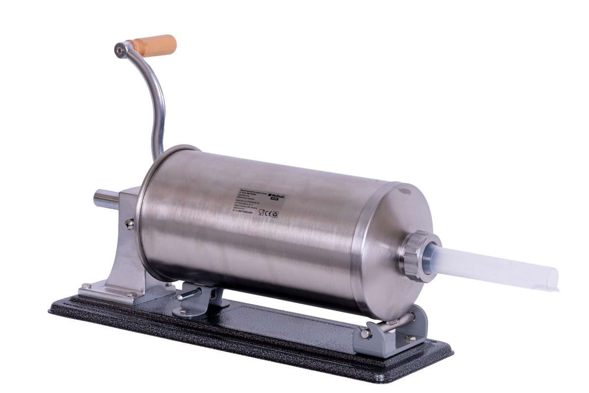 Masina manuala de umplut carnati Wolfson Home K2010PA 6 kg, corp inox si aluminiu, 5 palnii, actionare cu cremaliera, montaj orizontal