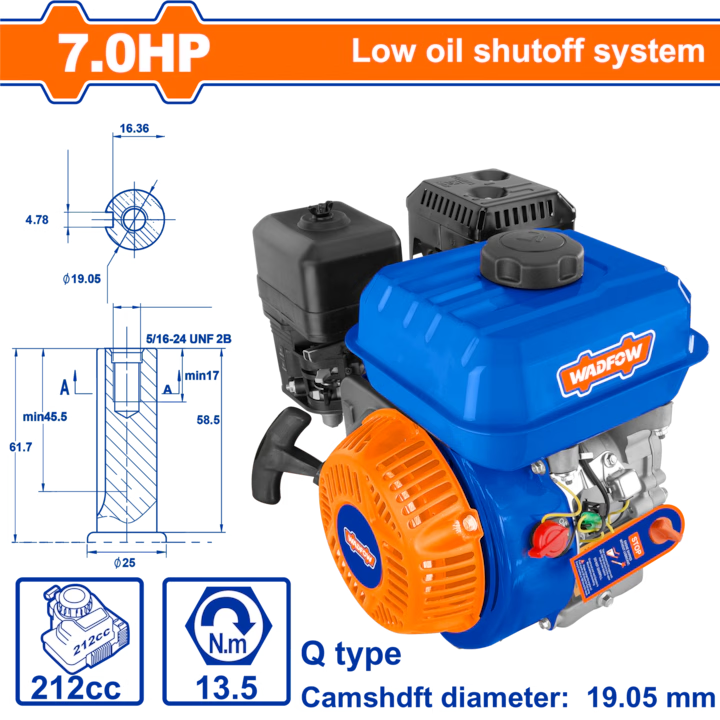 Motor pe benzina pentru uz general Wadfow, 4 timpi OHV, 212cc, 7cp, ax cilindric 19.05mm