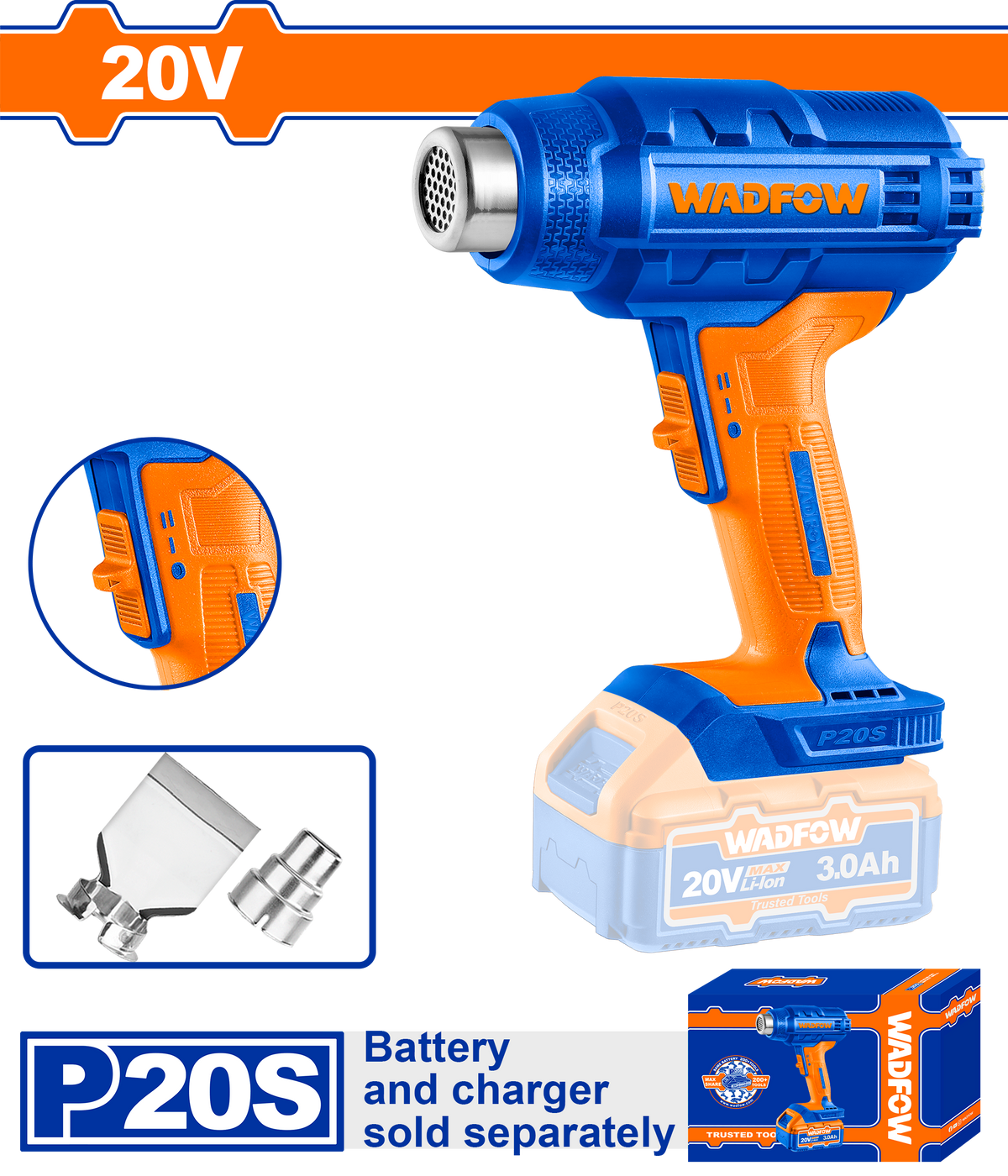 Suflanta cu aer cald WADFOW 20V, 550°C, 200 L/min, 2 trepte temperatura si debit aer, 2 duze incluse, Nu include acumulator si incarcator