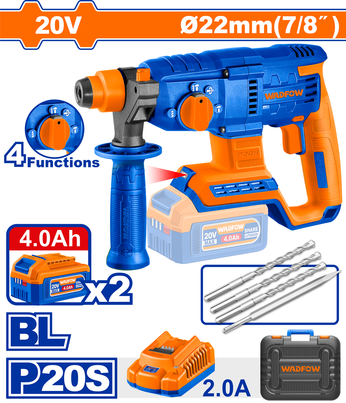 Ciocan rotopercutor pe acumulator WADFOW 20V, 2J, SDS Plus, 22mm, motor fara perii, 2 acumulatori 4.0Ah, incarcator