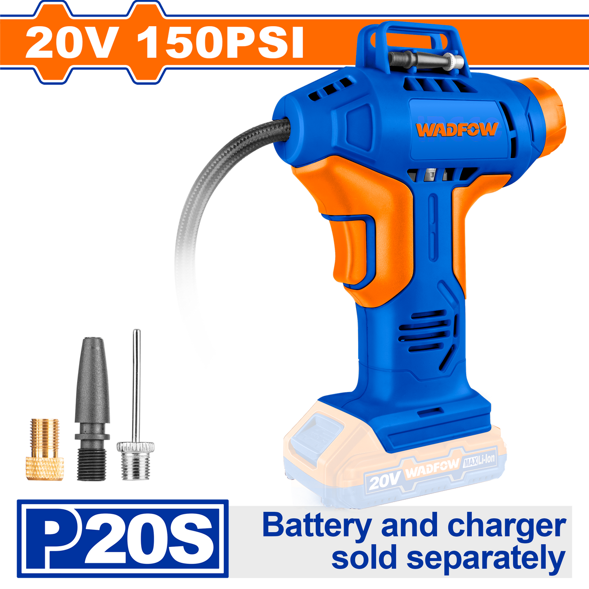 Compresor aer Wadfow, 3 adaptoare, 20V, Li-Ion, 150psi/10.5 bar, Nu include acumulator si incarcator