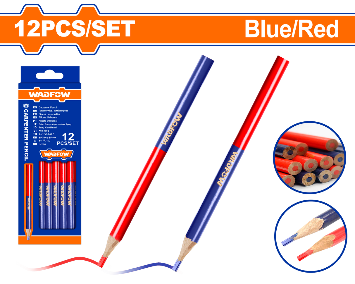Set 12 creioane pentru tamplarie Wadfow, dimensiune 10x7.5x176mm, rosu/albastru