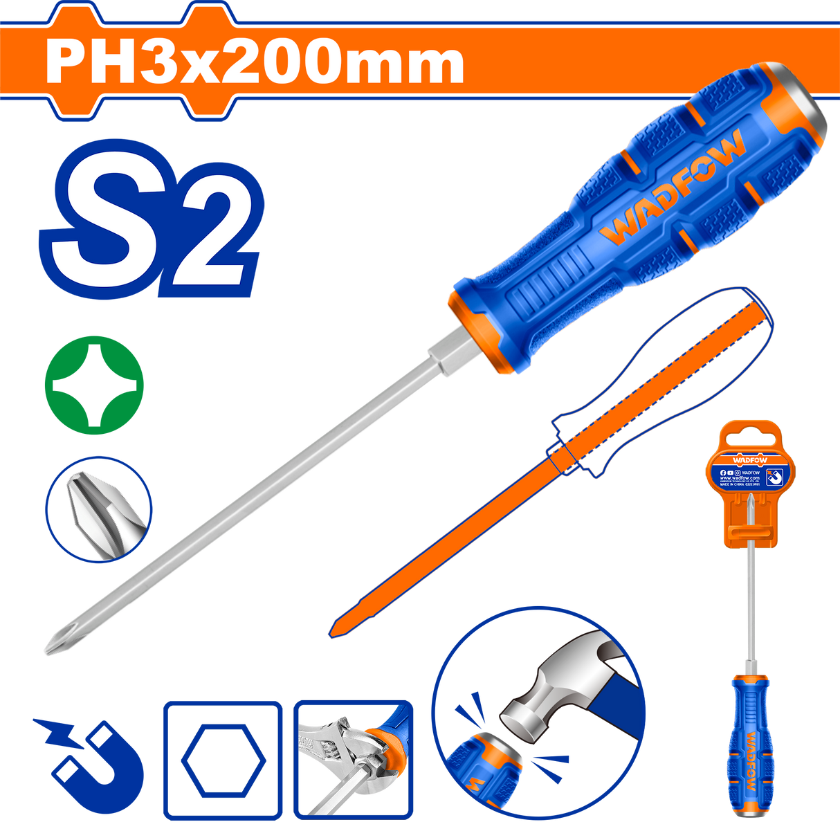 Surubelnita cruce mecanica Wadfow, lungime 200mm, otel, varf Philips PH3 magnetic