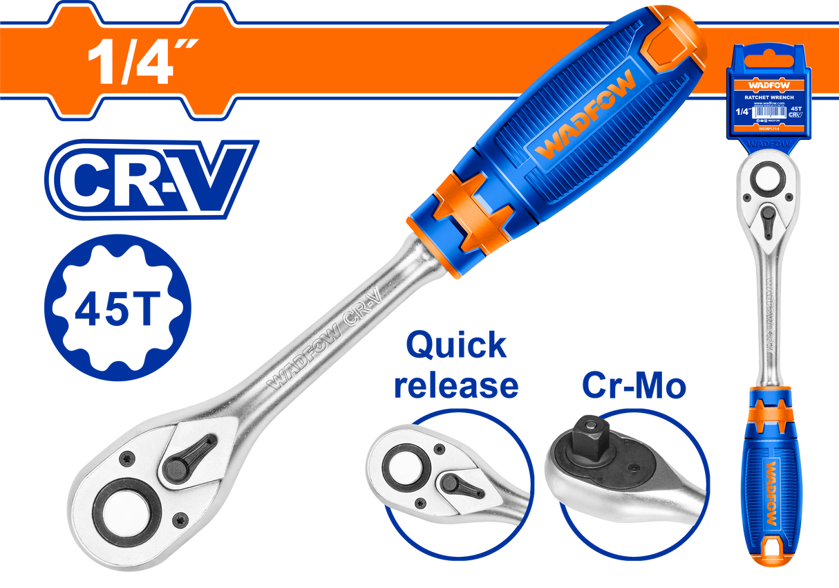 Cheie antrenor cu clichet Wadfow, Cr-V, Cr-Mo, 1/4", lungime 158mm
