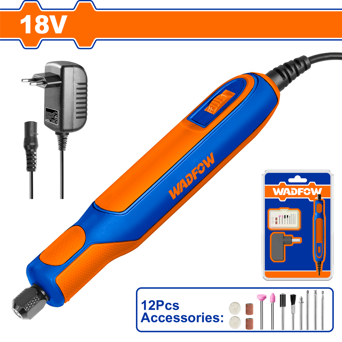 Minipolizor WADFOW 18V, 7W, 22000 rpm, mandrina 3.2 mm, 12 accesorii, control variabil al vitezei