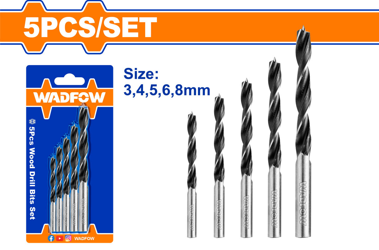 Set 5 burghie spirala pentru lemn Wadfow, 3, 4, 5, 6, 8 mm