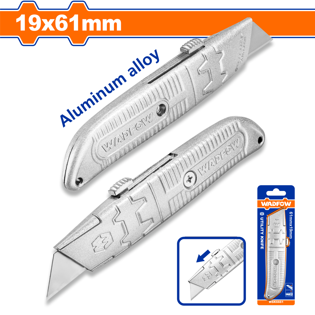 Cutter Wadfow, blocare automata, dimensiuni lama 61x19mm, gri