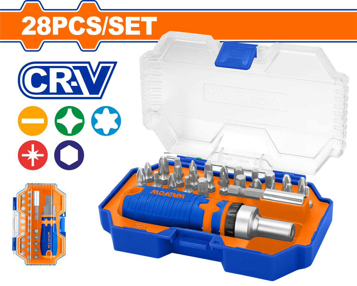 Set biti si adaptor Wadfow, 25mm, Cr-V, 28 piese