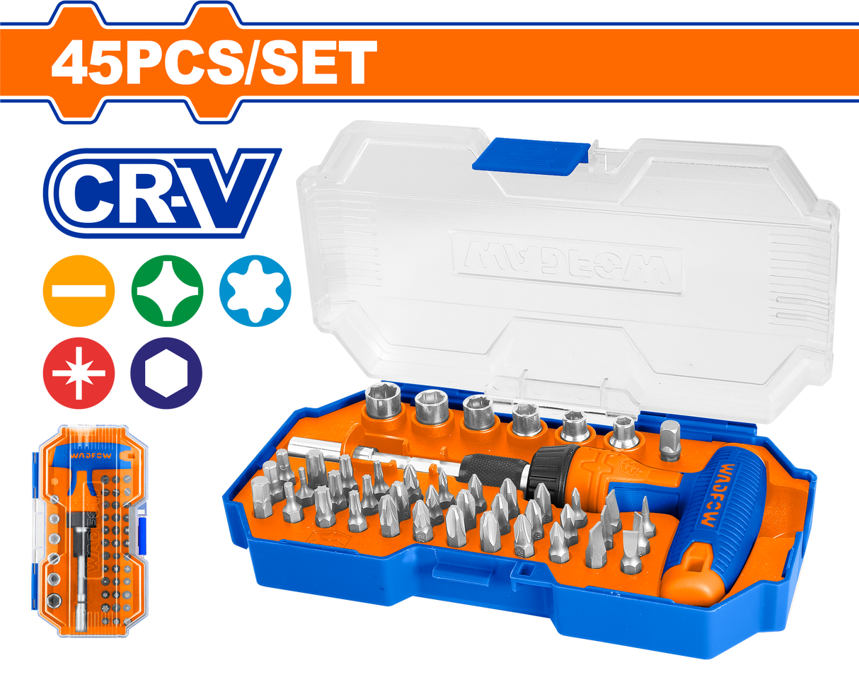 Set biti pentru surubelnita Wadfow, 1/4", include chei, adaptor, support bit, maner cu clichet, Cr-V, 45 piese