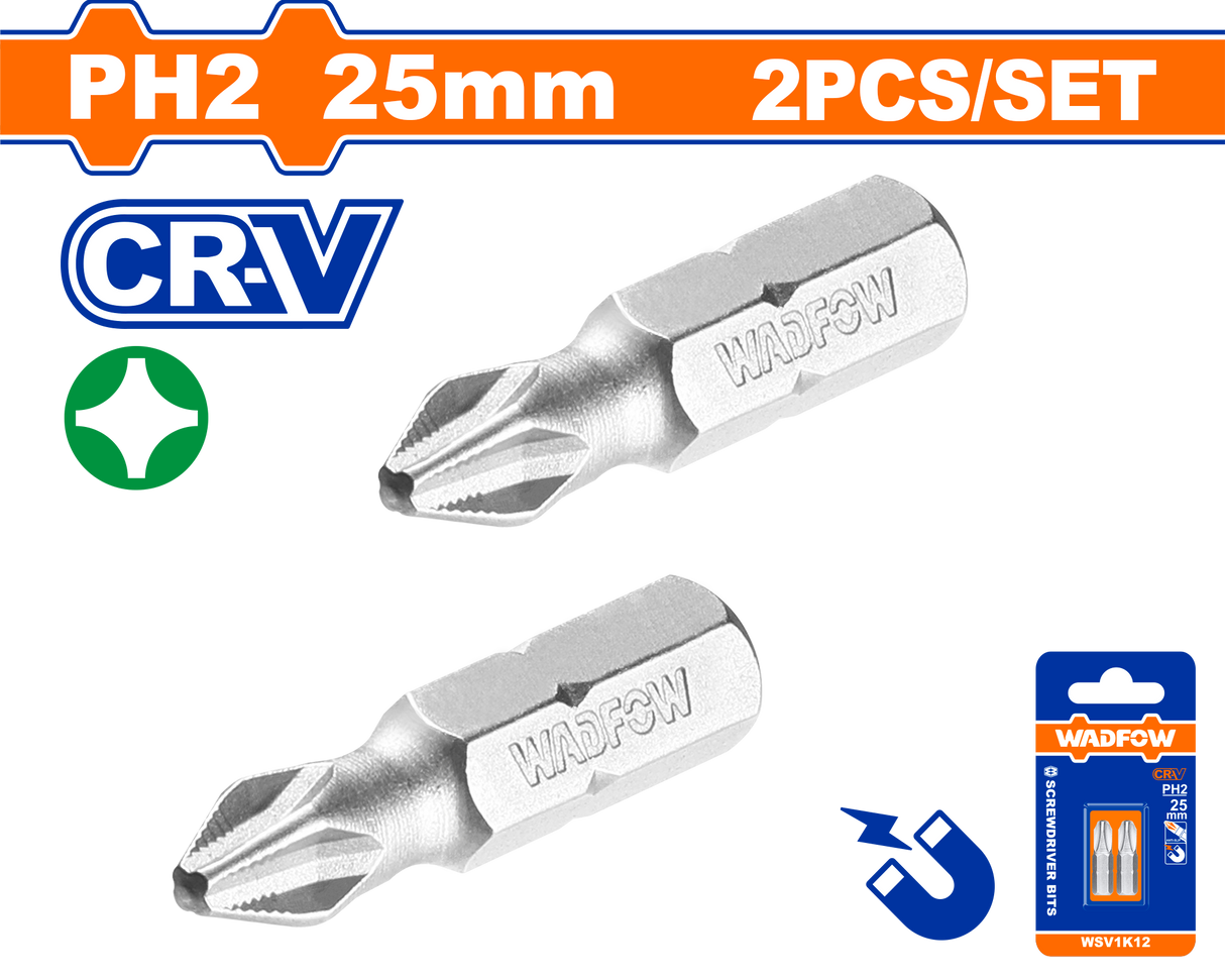 Set 2 biti Wadfow, prindere Hex, CR-V, lungime 25mm, tip varf PH2