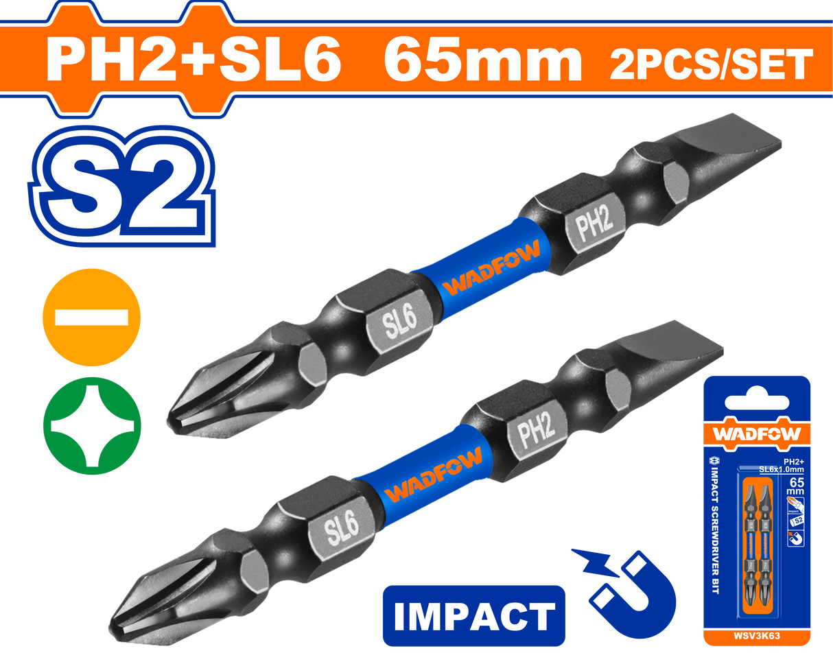 Set 2 biti de impact Wadfow, otel S2, cap dublu PH2, SL6