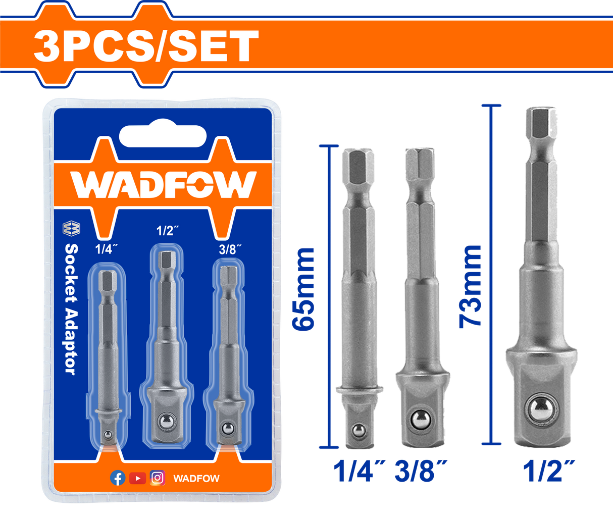 Set 3 adaptoare chei tubulare Wadfow, otel, 1/4”, 3/8", 1/2", prindere HEX