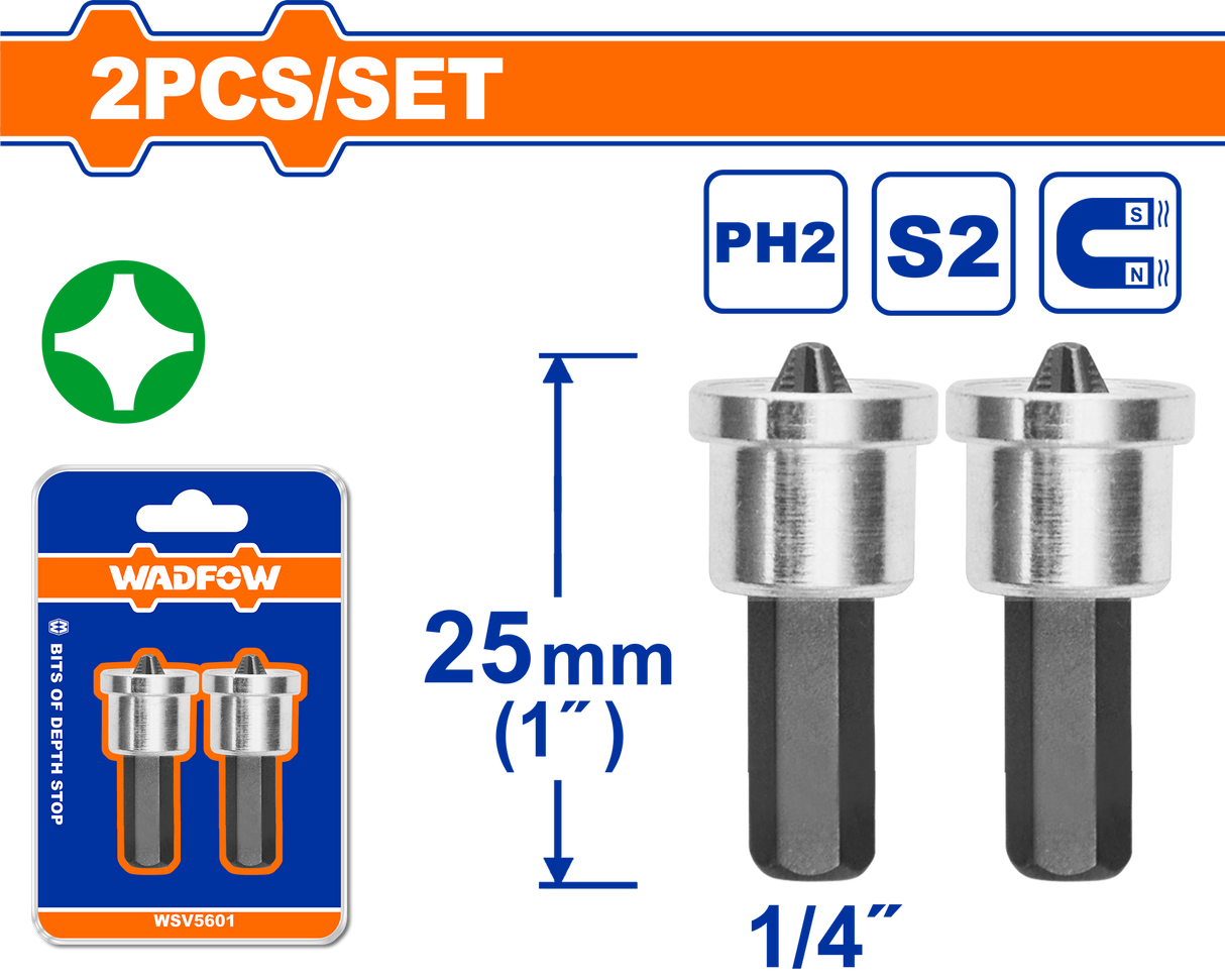 Set 2 biti cu opritor Wadfow, otel, PH2, lungime 25mm