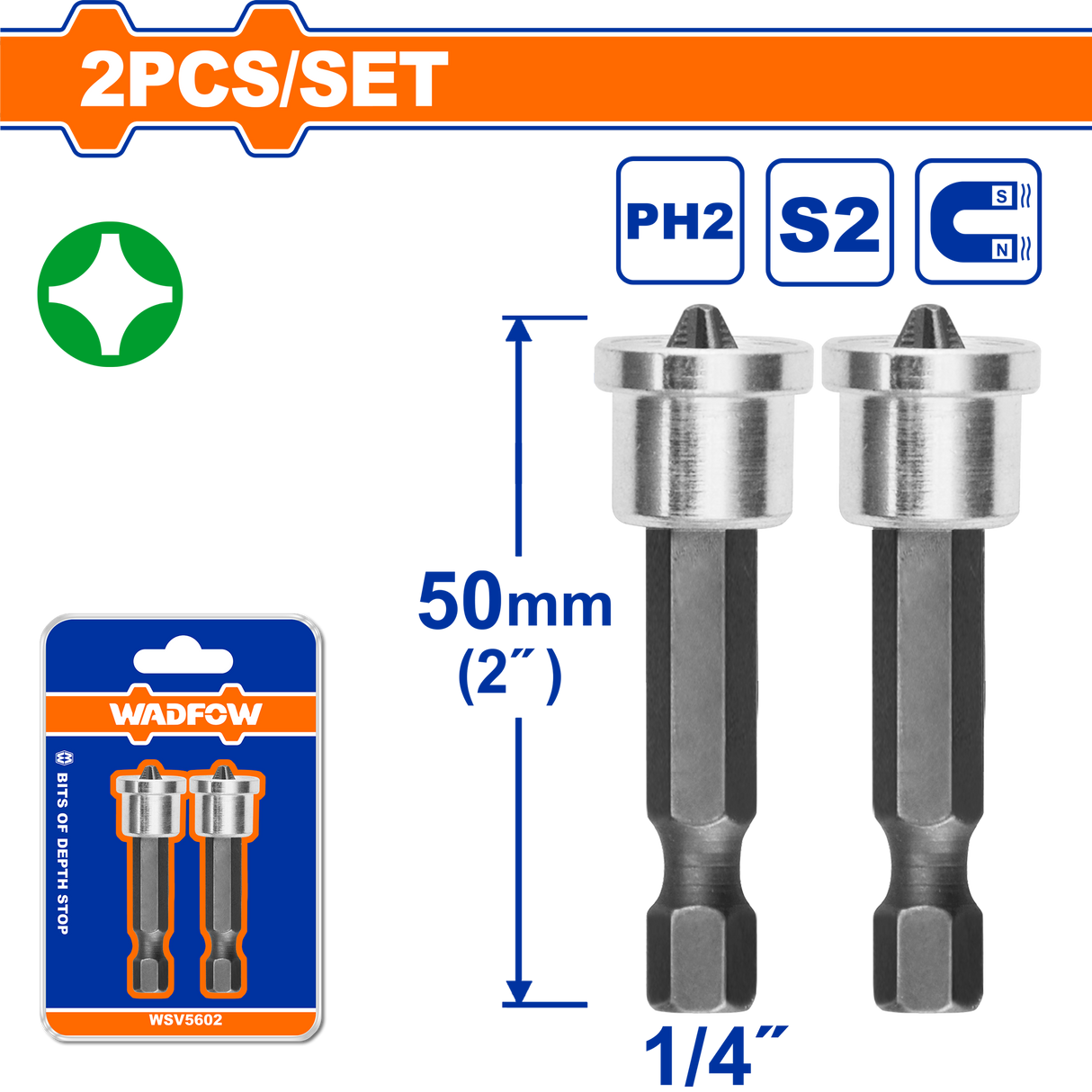 Set 2 biti cu opritor Wadfow, otel, PH2, lungime 50mm