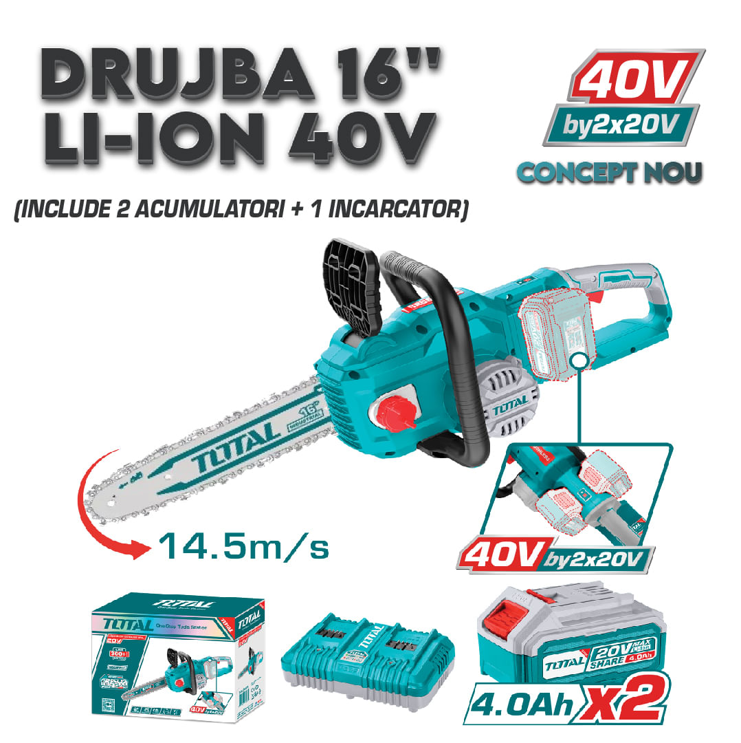 Drujba pe acumulatori TOTAL 16" - LI-ION 40V INCLUDE 2 ACUMULATORI + 1 INCARCATOR