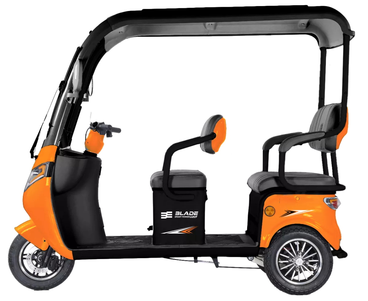 Triciclu electric pentru 2 persoane BLADE CAB X3, 1200W, 25 km/h, autonomie pana la 70 km, baterie 72V 20Ah, cu acoperis, Portocaliu/Negru
