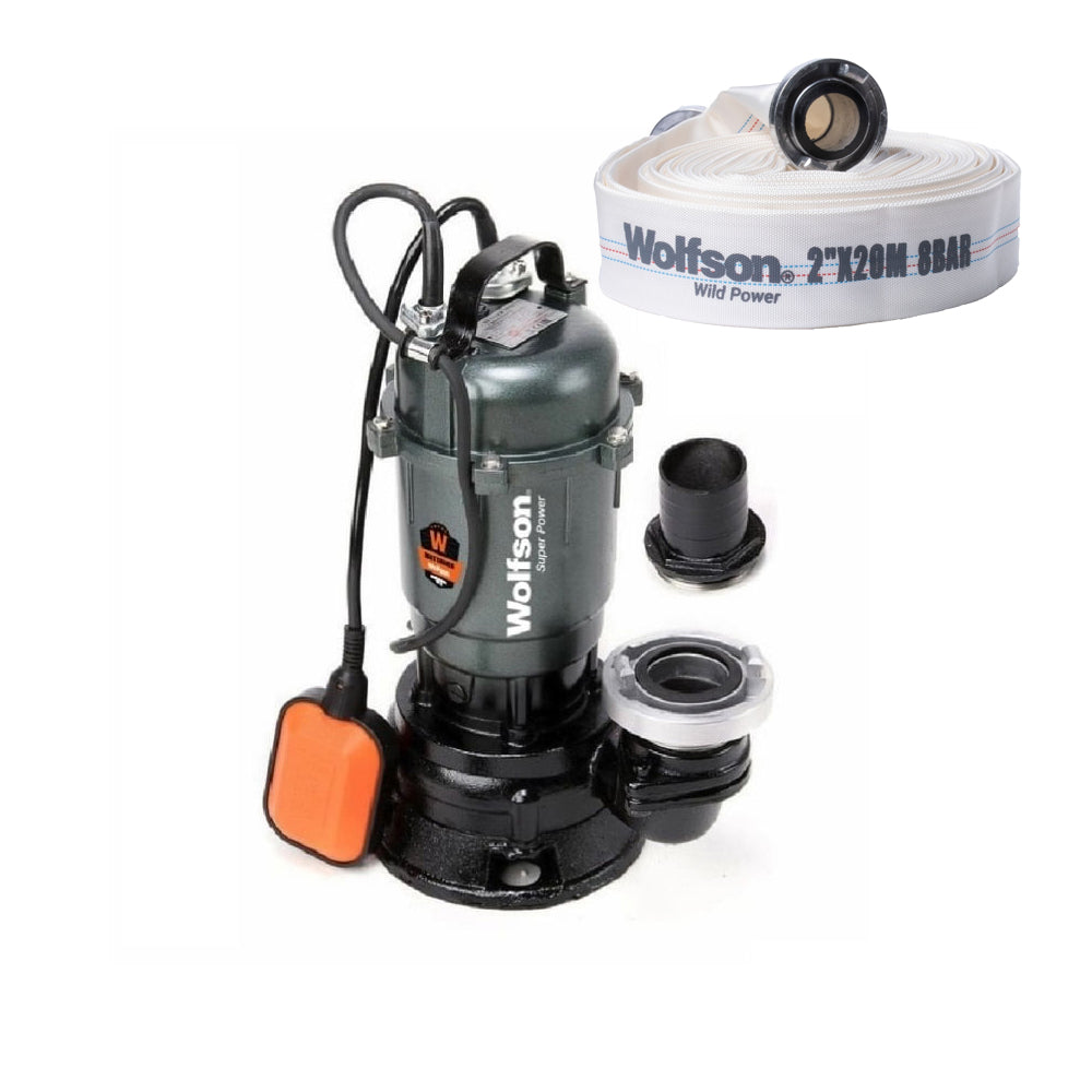 Pompa submersibila apa murdara Wolfson TP-3100, 1100W, 2", 10000 l/h + furtun PVC panzat tip pompieri 2" 20m, 50mm cu mufe cuplare