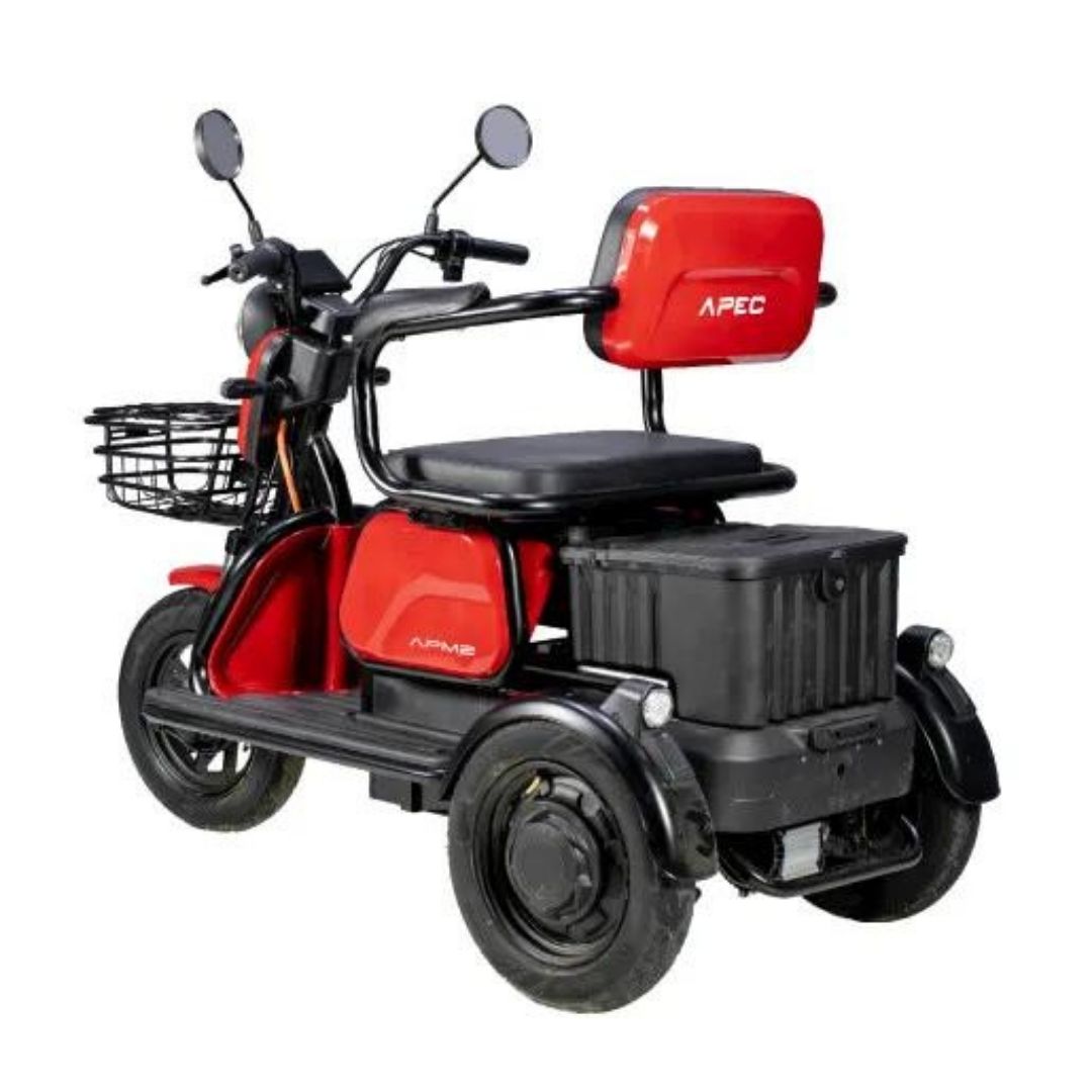 Triciclu Electric, Fara Permis, Motor 1000W, 2-3 locuri, APM2 Rosu, Autonomie pana la 36km, viteza maxima 25 km pe ora, Omologat RAR