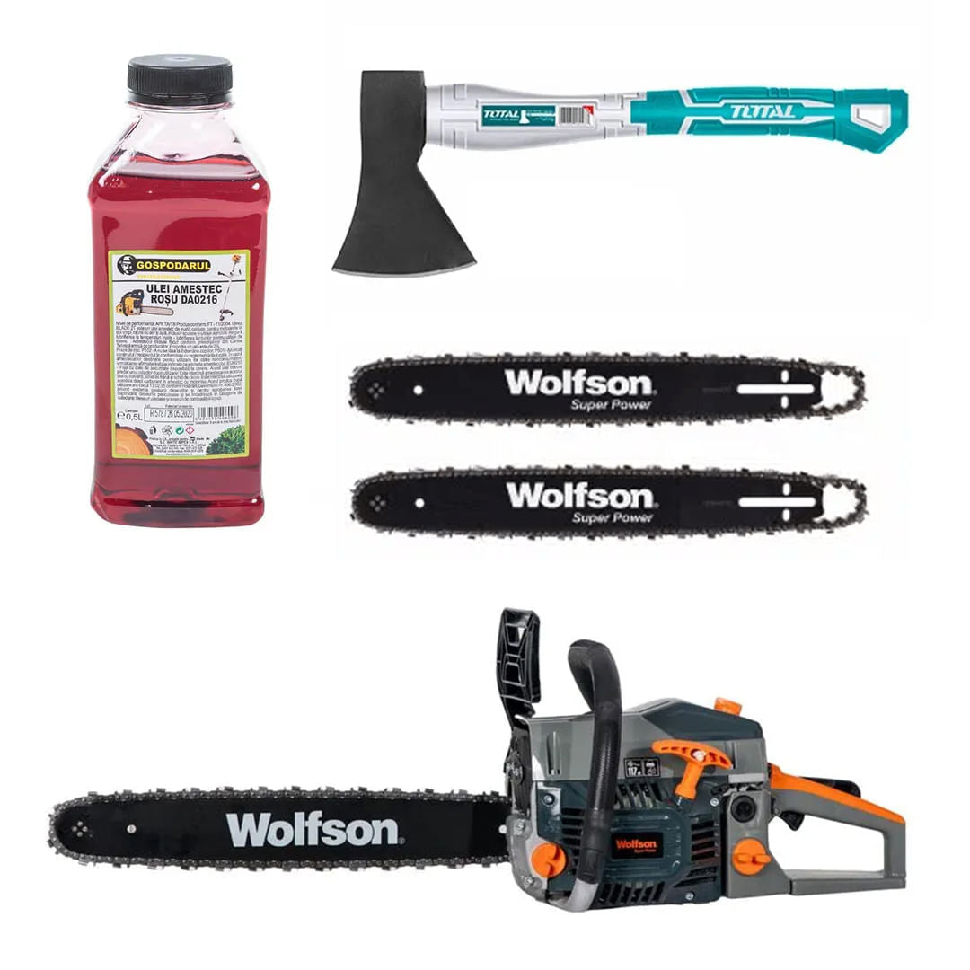Drujba pe benzina WOLFSON®STX-620, 3.5CP, 58CC, 2 lame, 2 lanturi + ulei amestec 0.5L, toporisca Total 600g