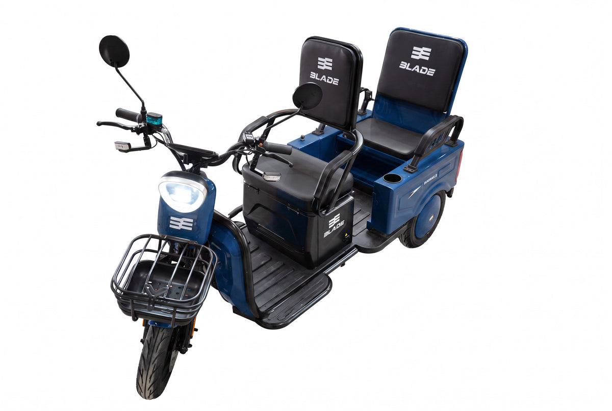 Triciclu electric BLADE DUO MAX 11, 1200W, 60V 20Ah, 25 km/h, fara permis, autonomie 50 km, 3+1 viteze, albastru-negru