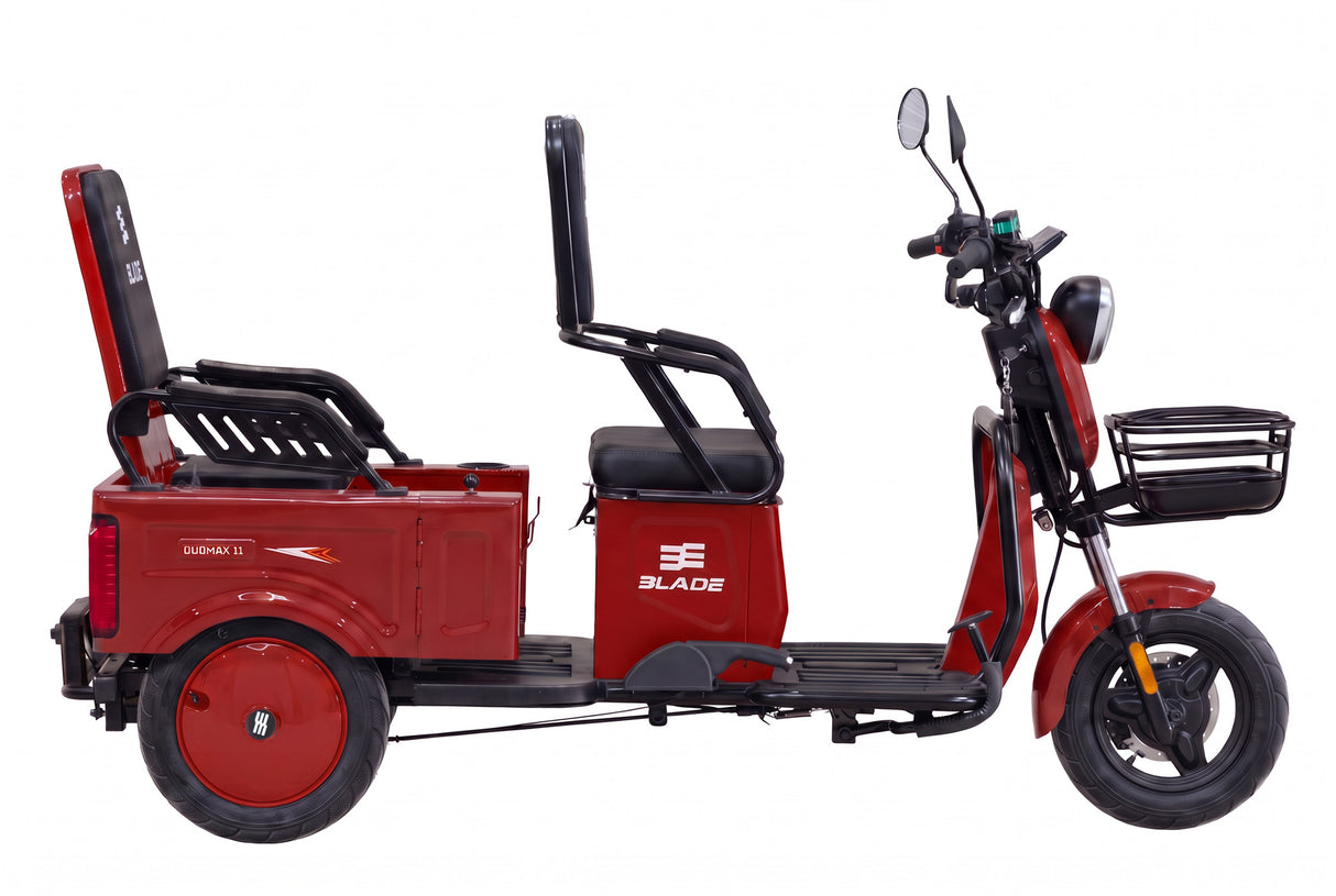 Triciclu electric BLADE DUO MAX 11, 1200W, 60V 20Ah, 25 km/h, fara permis, autonomie 50 km, 3+1 viteze, rosu-negru