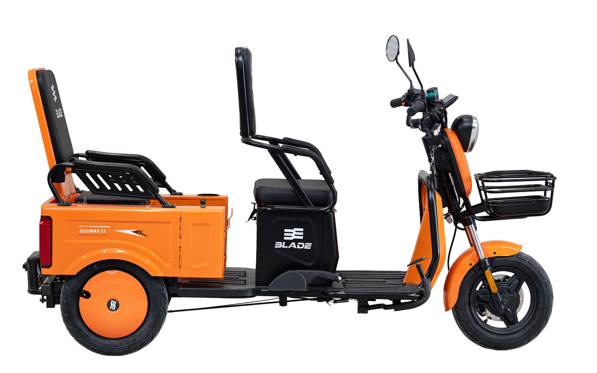 Triciclu electric BLADE DUO MAX 11, 1200W, 60V 20Ah, 25 km/h, fara permis, autonomie 50 km, 3+1 viteze, portocaliu-negru