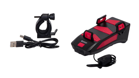 FAR LED PENTRU BICICLETA CU SUPORT PENTRU TELEFON SI CLAXON REINCARCABIL USB