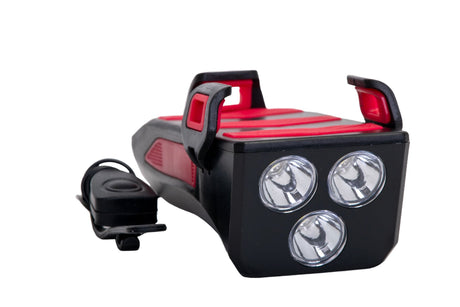 FAR LED PENTRU BICICLETA CU SUPORT PENTRU TELEFON SI CLAXON REINCARCABIL USB