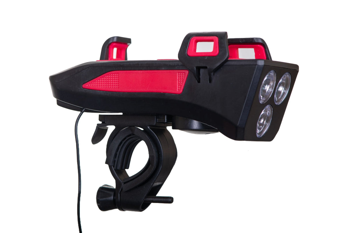 FAR LED PENTRU BICICLETA CU SUPORT PENTRU TELEFON SI CLAXON REINCARCABIL USB