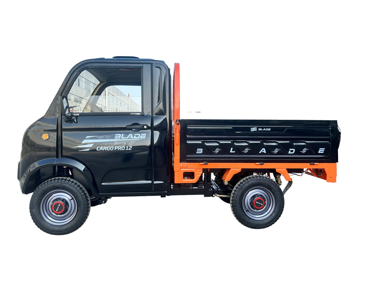 Masina Pickup Cargo electric fara permis BLADE - CARGO PRO 12, 3000W, 25 km/h, 72V 100Ah, 800 kg sarcina, autonomie 100 km, negru-portocaliu