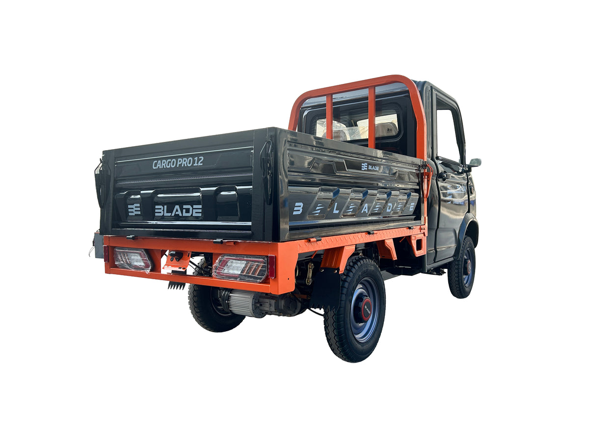 Masina Pickup Cargo electric fara permis BLADE - CARGO PRO 12, 3000W, 25 km/h, 72V 100Ah, 800 kg sarcina, autonomie 100 km, negru-portocaliu